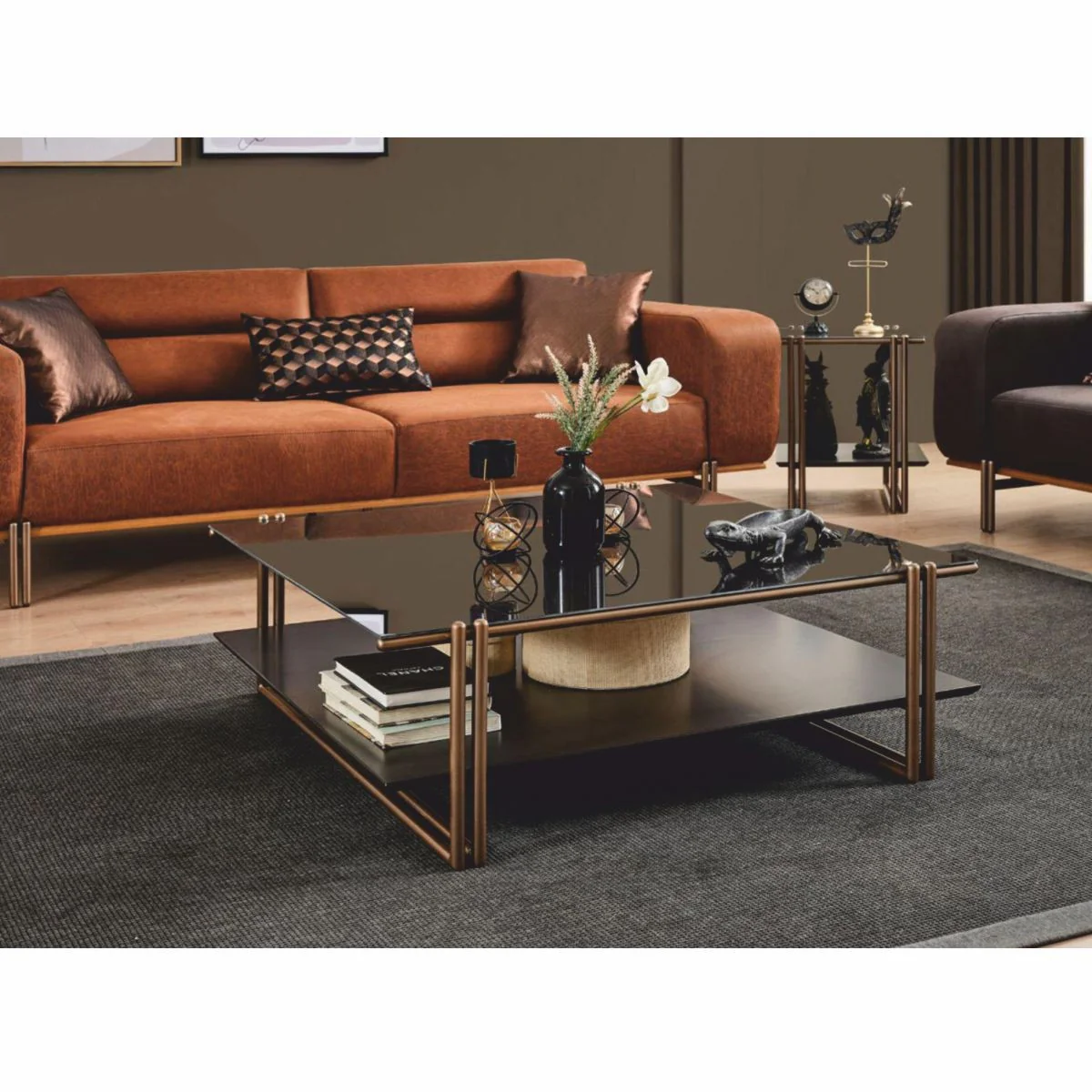 Luxus Couchtisch mit Glasplatte Dunkelbraun / Bronze / Schwarz 100 cm