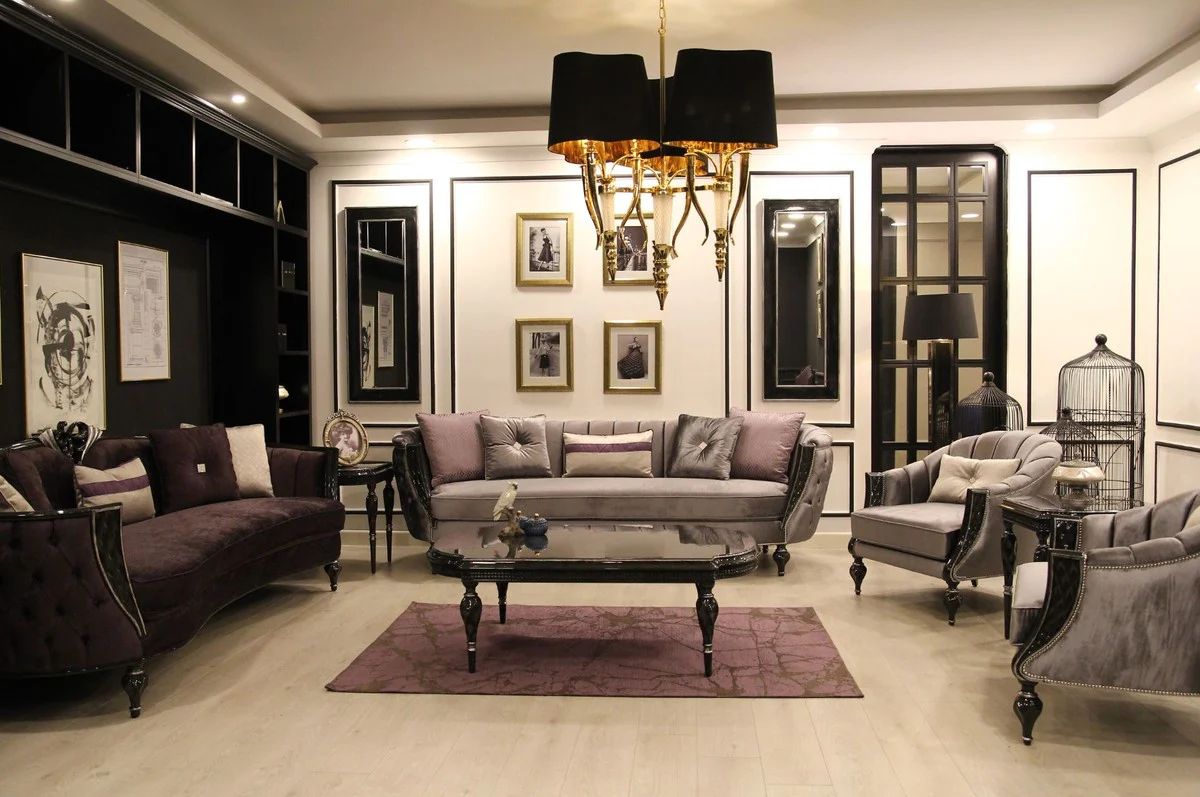 Luxus Barock Sofa Lila / Schwarz / Silber 267 x 90 x H. 100 cm - Wohnzimmer Sofa mit edlem Samtstoff - Barock Möbel