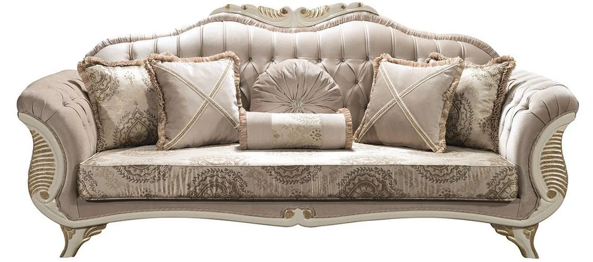 Luxus Barock Wohnzimmer Sofa mit Glitzersteinen und dekorativen Kissen Grau / Creme / Gold 220 x 80 x H. 100 cm - Edle Barockstil Möbel