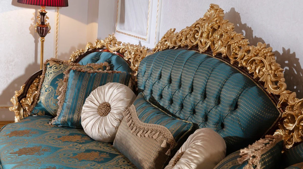 Luxus Barock Sofa Blau / Beige / Braun / Gold - Prunkvolles Wohnzimmer Sofa mit elegantem Muster - Barock Wohnzimmer Möbel - Edel & Prunkvoll