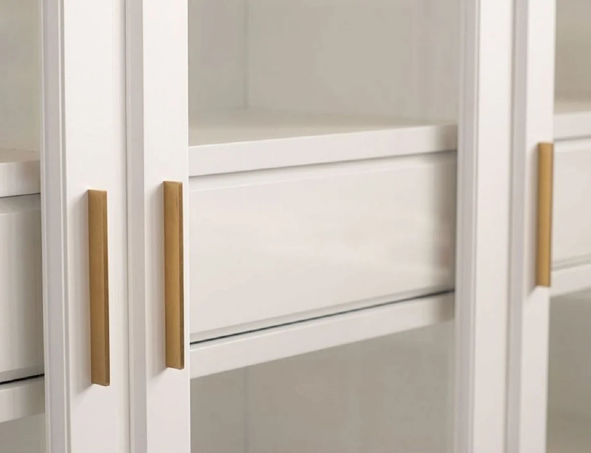 Luxus Bücherschrank mit 3 Türen und LED Beleuchtung Weiß 200 x 45 x H. 230 cm - Massivholz Schrank - Wohnzimmerschrank - Regalschrank - Büroschrank - Luxus Möbel - Luxus Einrichtung