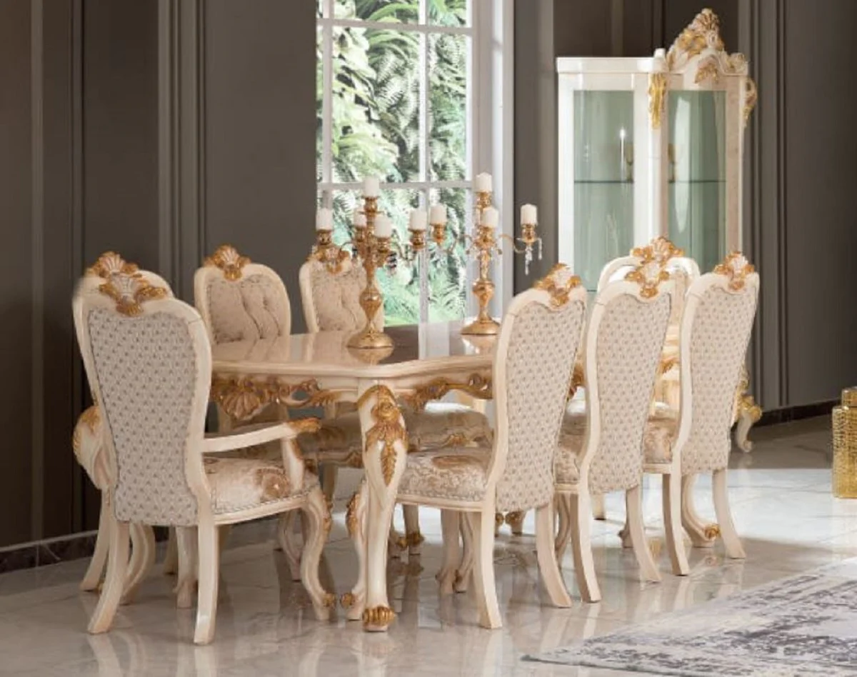 Luxus Barock Esszimmer Set Weiß / Gold - 1 Esstisch & 8 Esszimmerstühle - Prunkvolle Esszimmer Möbel im Barockstil