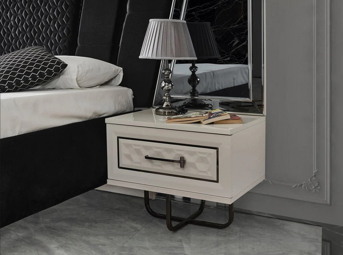 Luxus Art Deco Schlafzimmer Set Schwarz / Weiß / Bronze - 1 Doppelbett mit Kopfteil & 2 Nachtkommoden - Art Deco Schlafzimmer Möbel - Luxus Schlafzimmer Möbel - Luxus Einrichtung