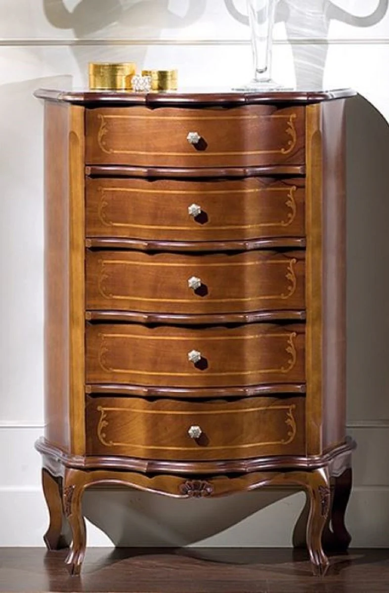 Luxus Barock Kommode Braun - Edler Massivholz Schrank mit 5 Schubladen - Barock Möbel - Luxus Qualität - Made in Italy