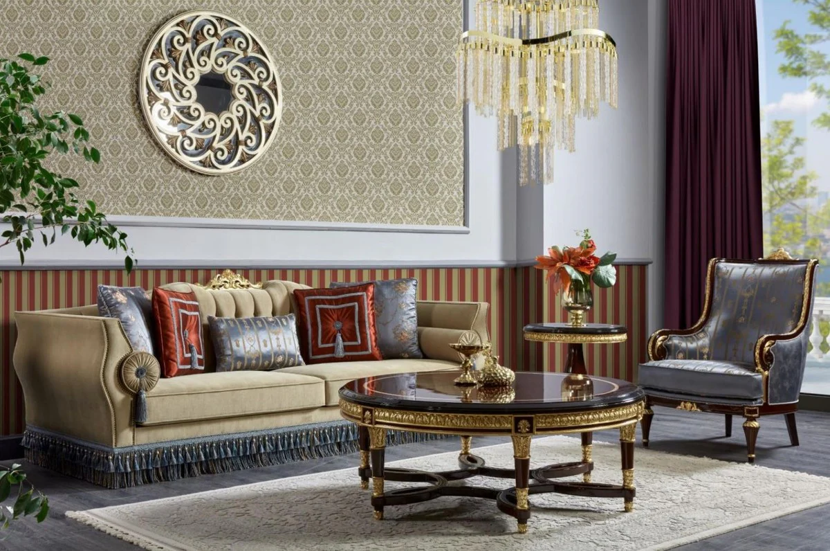 Luxus Barock Sofa Beige / Blau - Prunkvolles Wohnzimmer Sofa - Barockstil Wohnzimmer Möbel - Luxus Möbel im Barockstil - Barock Einrichtung - Edel & Prunkvoll