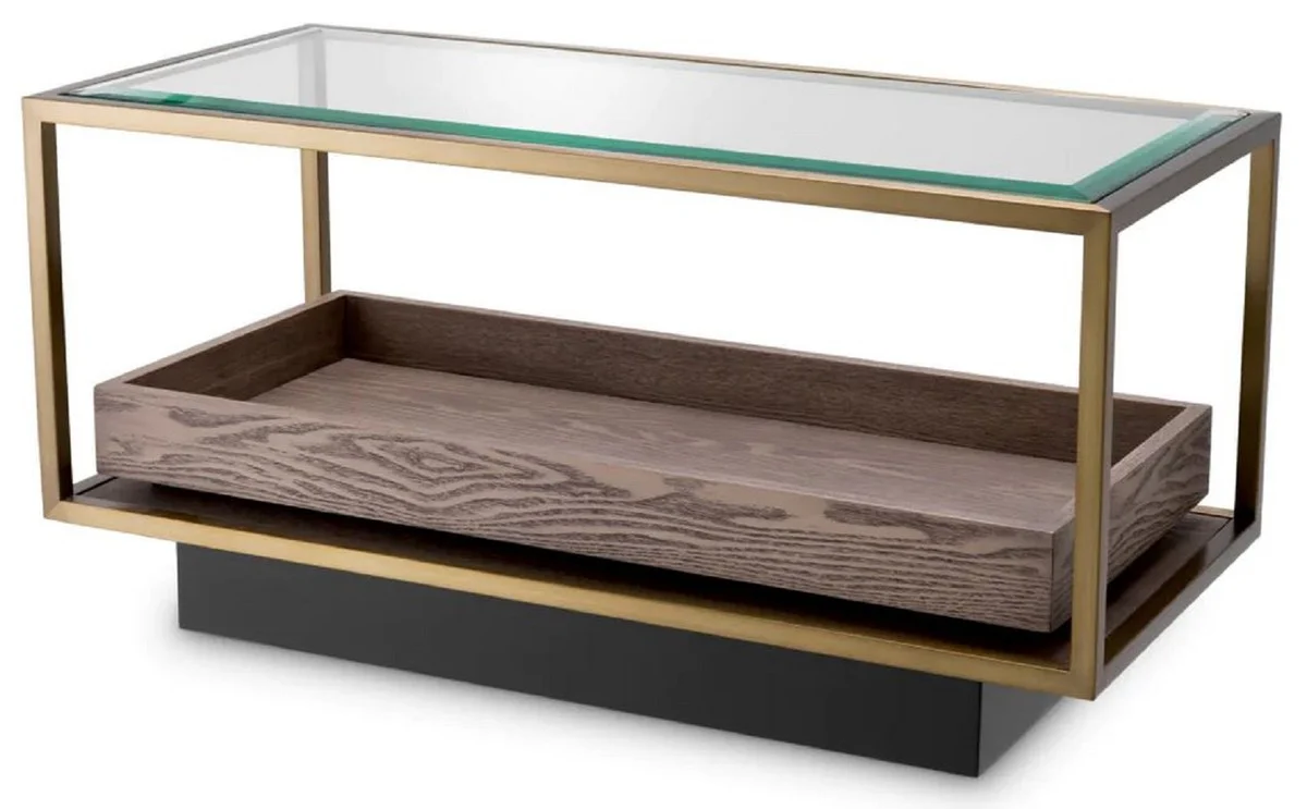 Luxus Beistelltisch Messing / Grau / Schwarz 90 x 42 x H. 44 cm - Rechteckiger Wohnzimmer Tisch mit Glasplatte - Hotel Tisch - Wohnzimmer Möbel - Hotel Möbel - Luxus Möbel