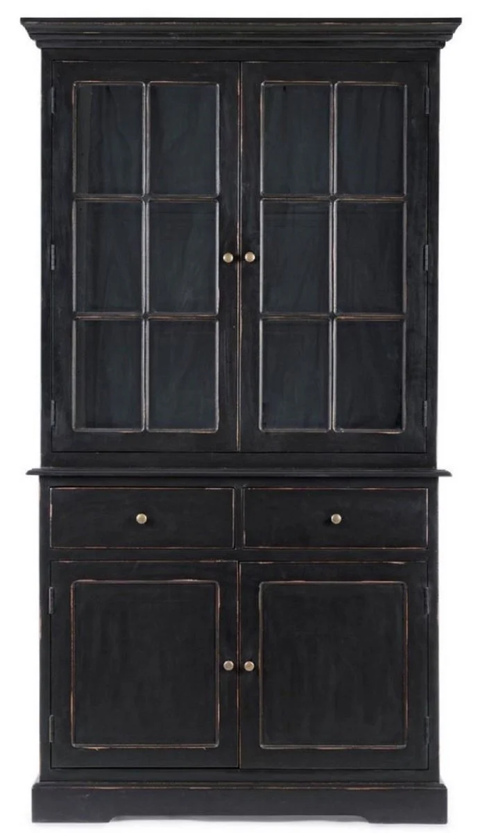 Landhausstil Schrank Antik Schwarz 111,4 x 42,5 x H. 203 cm - Landhausstil Esszimmerschrank mit 4 Türen und 2 Schubladen - Landhausstil Vitrine - Landhausstil Esszimmer Möbel