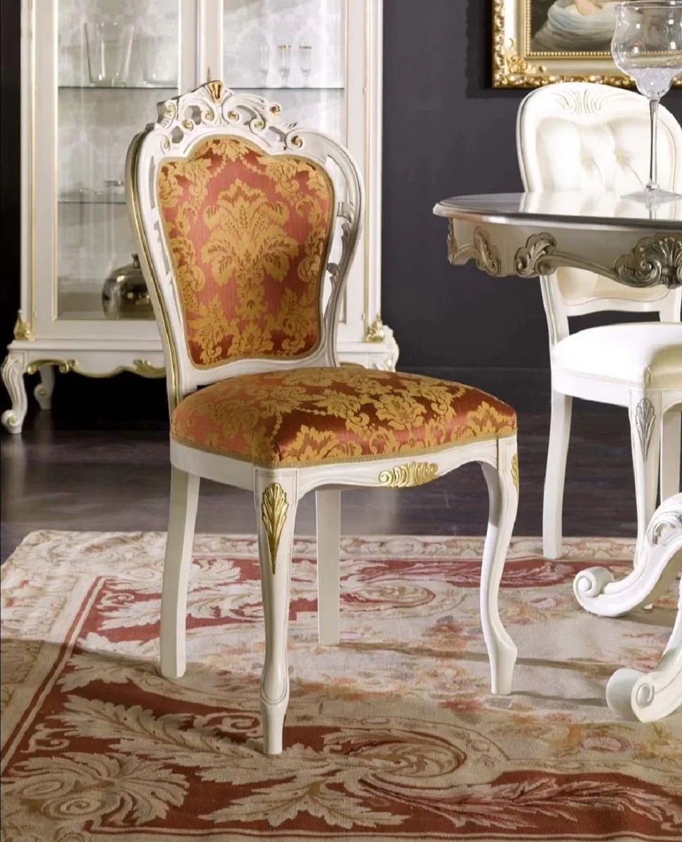 Luxus Barock Esszimmer Stuhl Bordeauxrot / Weiß / Gold - Prunkvoller Barockstil Massivholz Stuhl mit elegantem Muster - Barock Esszimmer Möbel - Luxus Qualität - Made in Italy