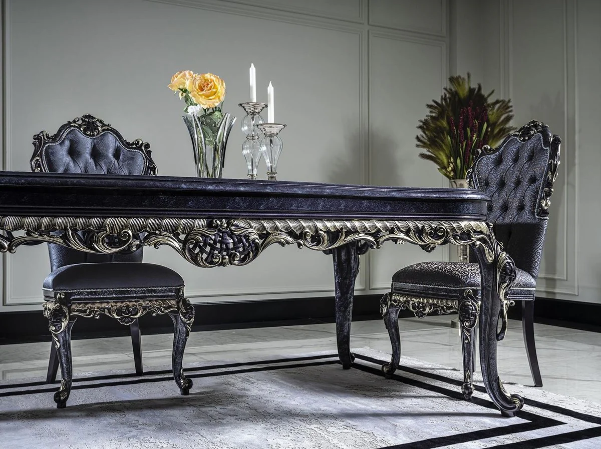 Luxus Barock Esstisch Weiß / Blau / Gold - Handgefertigter Massivholz Esszimmertisch - Barock Esszimmer Möbel - Edel & Prunkvoll