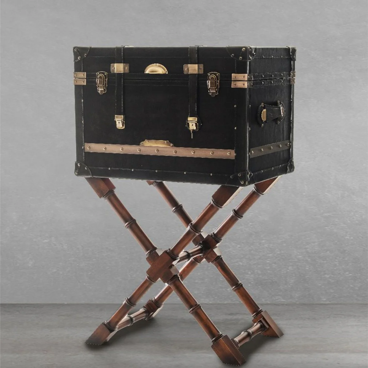 Luxus Minibar in Koffer Optik Schwarz / Braun / Messing 62 x 42 x H. 99 cm - Minibar mit edlem Echtleder - Bar Möbel - Luxus Möbel in Koffer Optik