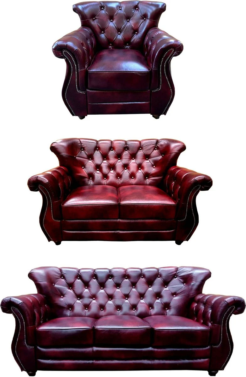 Luxus Chesterfield Echtleder Wohnzimmer Set Bordeauxrot / Braun / Silber - 2 Leder Sofas & 1 Leder Sessel - Chesterfield Möbel - Wohnzimmer Möbel