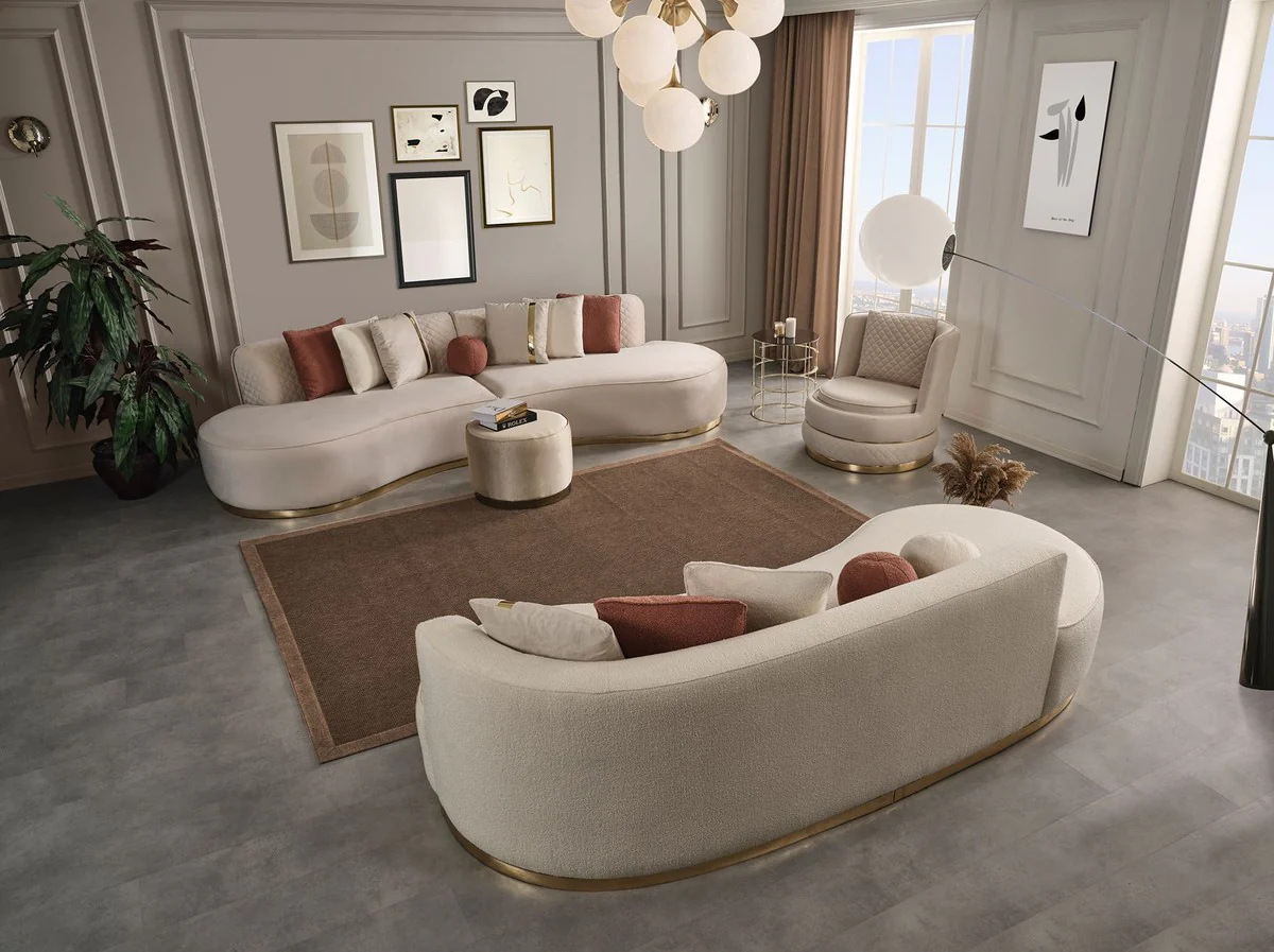 Luxus Samt 4er Sofa Creme / Gold 330 x 120 x H. 76 cm - Wohnzimmer Sofa mit edlem Samtstoff - Wohnzimmer Möbel - Luxus Möbel - Wohnzimmer Einrichtung - Luxus Einrichtung