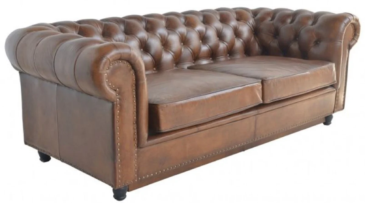 Luxus Chesterfield Leder Schlafsofa Braun 240 x 102-220 x H. 76 cm - Echtleder Wohnzimmer Sofa - Echtleder Wohnzimmer Möbel - Luxus Leder Möbel