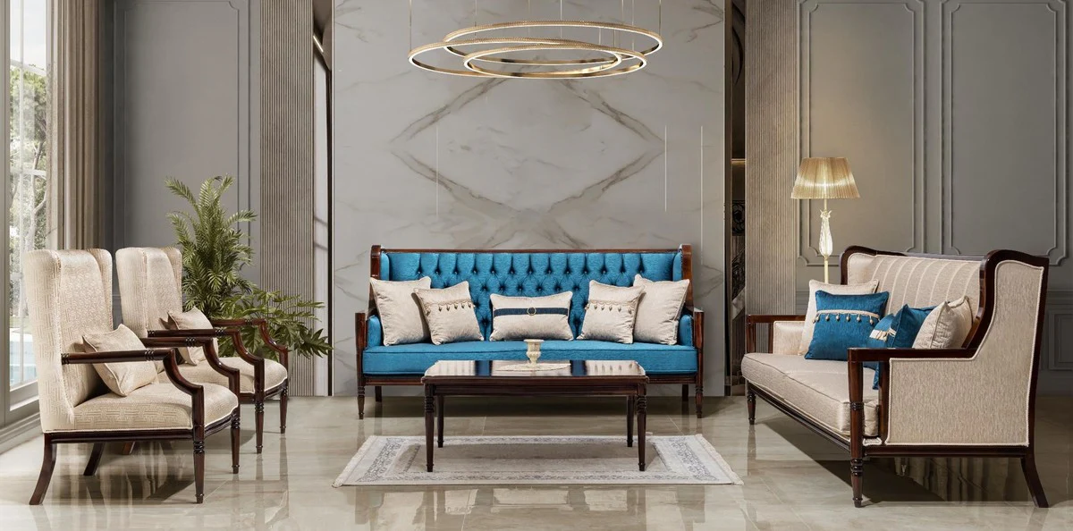 Luxus Barockstil Wohnzimmer Möbel Set Beige / Blau / Dunkelbraun