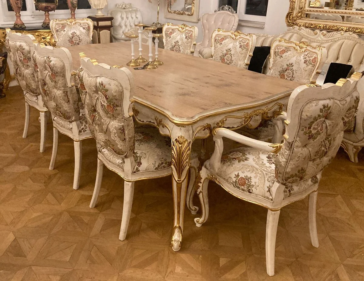 Luxus Barock Esszimmer Set Silber / Mehrfarbig / Antik Weiß / Gold - 1 Barock Esstisch & 8 Barock Esszimmerstühle - Barock Esszimmer Möbel - Luxus Möbel im Barockstil