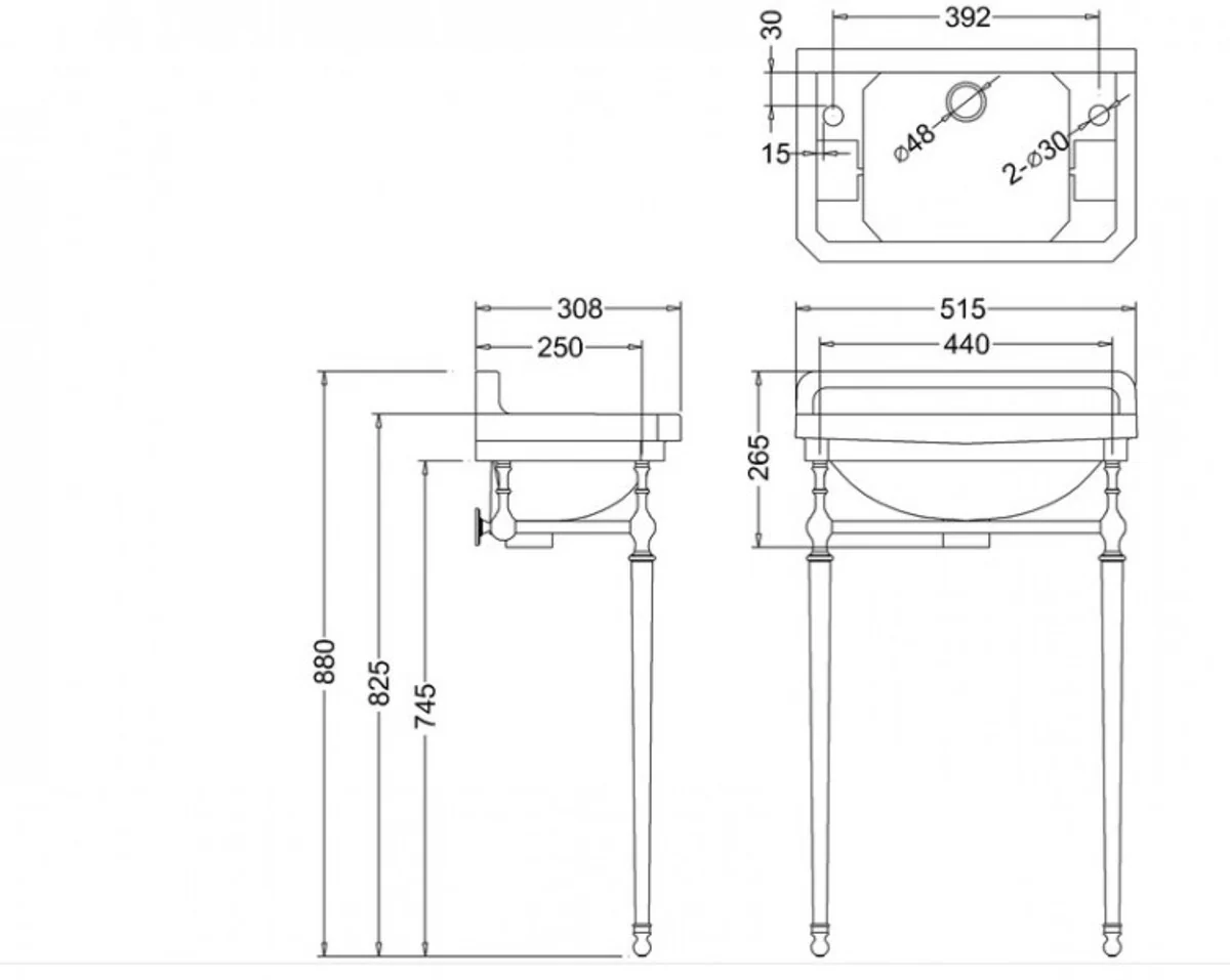 Jugendstil Stand Gäste WC Waschtisch Weiß / Chrom B 51cm mit 2 Hahnlöchern - Art Deco Waschbecken Barock Antik Stil
