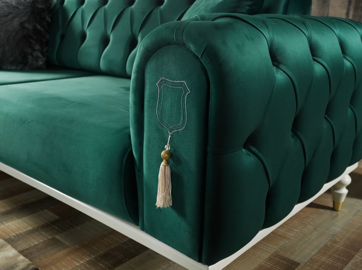 Luxus Chesterfield Schlafsofa Grün / Weiß / Gold 230 x 95 x H. 83 cm - Wohnzimmer Sofa mit 3 Kissen - Luxus Wohnzimmer Möbel
