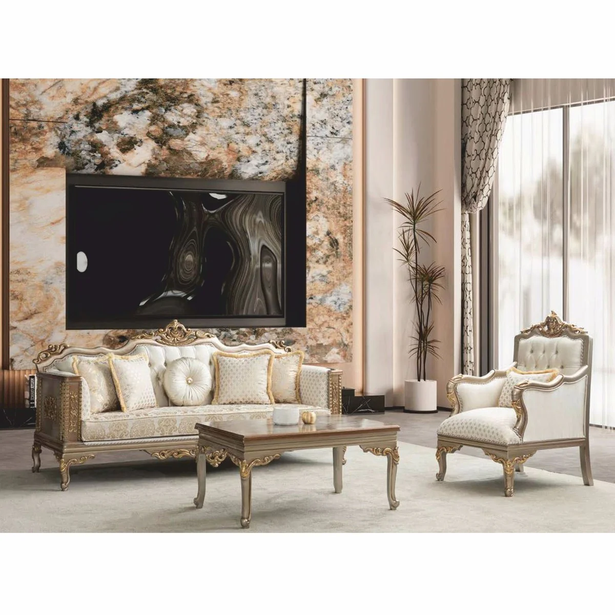 Luxus Barock Couchtisch Grau / Gold 103 cm - Barock Wohnzimmer Möbel
