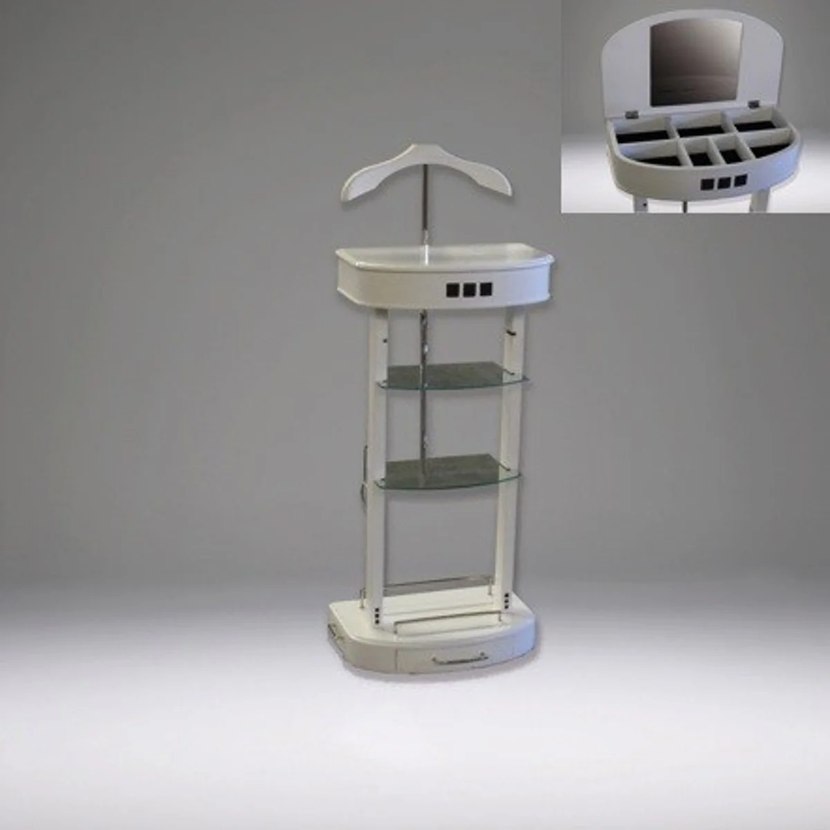 Designer Luxus Garderoben Ständer mit Spiegel und Regalen Weiß - Dressboy - Kleiderständer Anzugständer - Barock Empire Art Deco Jugendstil Biedermeier