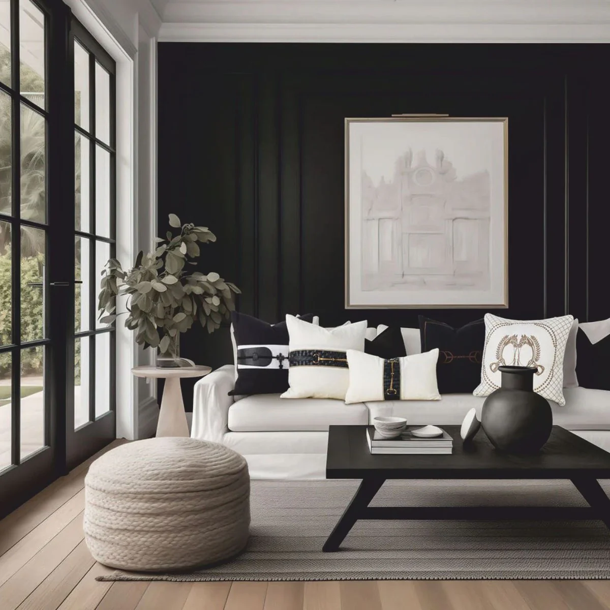 Luxus Deko Baumwoll Kissen mit Leder Applikationen Schwarz / Weiß 50 x 50 cm