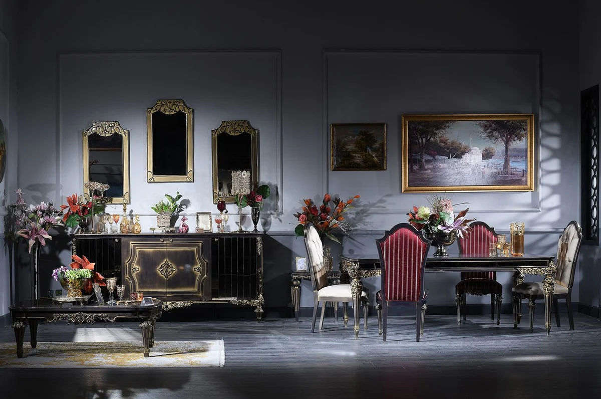 Luxus Barock Esszimmer Set - 1 Esstisch & 6 Esszimmerstühle - Handgefertigte Esszimmer Möbel im Barockstil