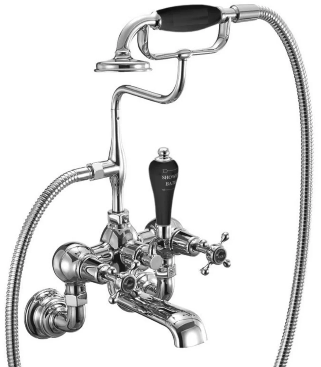 Luxus Jugendstil Aufputz Badewannenarmatur Silber / Schwarz H. 46,95 cm - Nostalgische Messing Badewannen Armatur mit Handbrause - Nostalgisches Badezimmer Zubehör