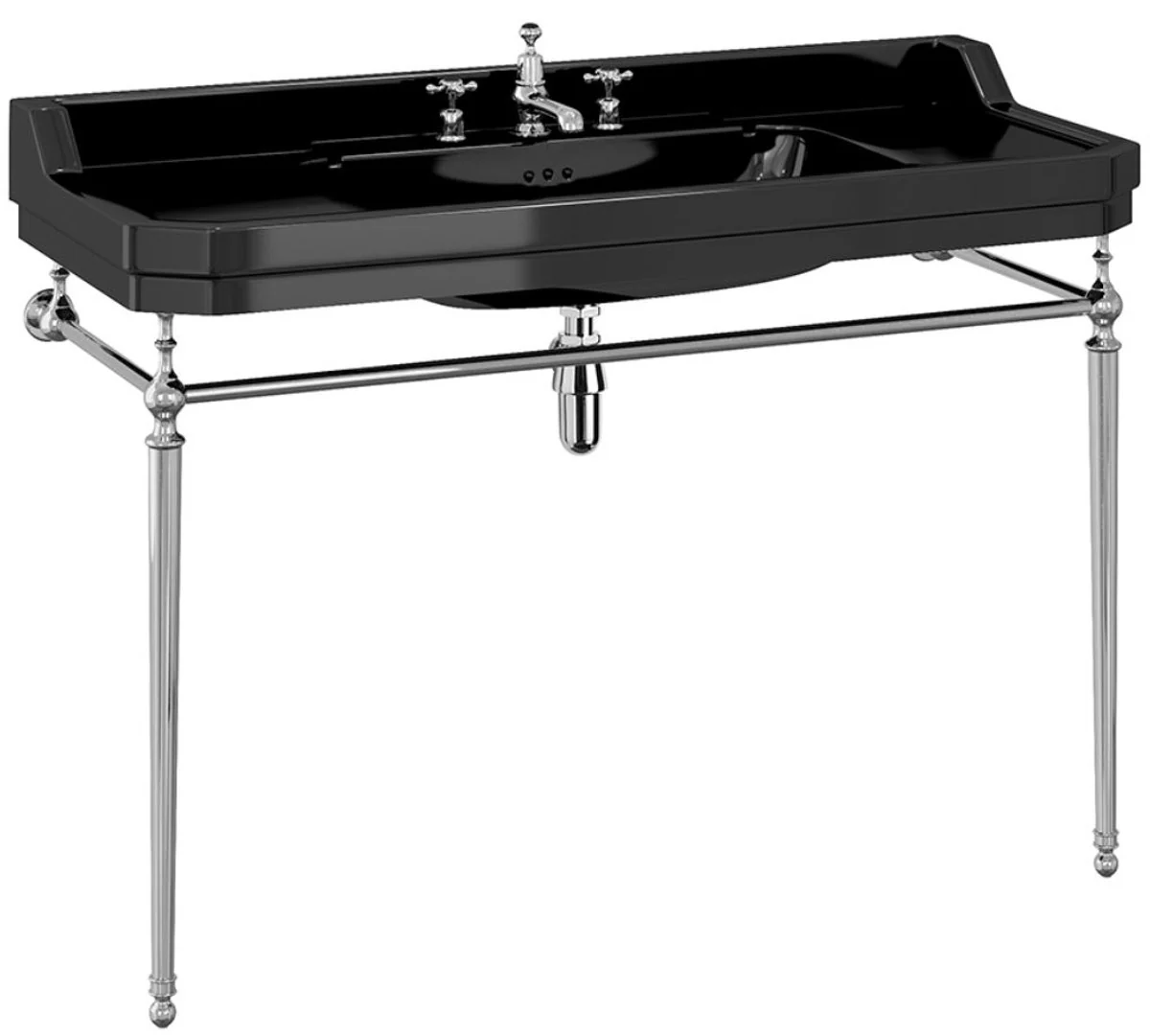 Luxus Jugendstil Waschtisch Schwarz / Silber 121 x 51 x H. 90 cm - Porzellan 3-Loch Stand Waschbecken mit Untergestell - Badezimmer Möbel