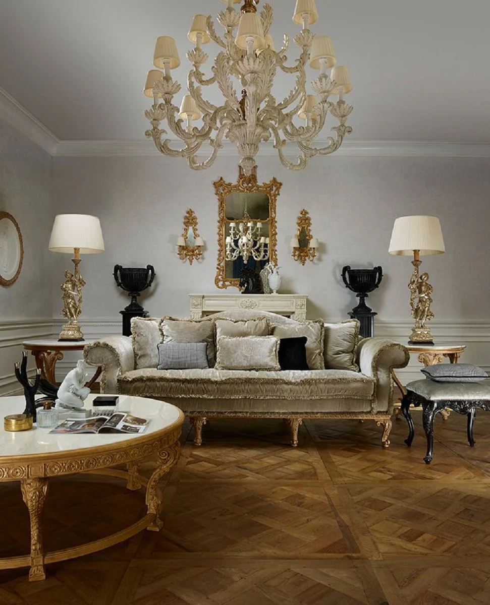 Luxus Barock Couchtisch mit Marmorplatte Naturfarben / Weiß - Runder Wohnzimmertisch im Barockstil - Barock Möbel - Barock Interior - Edel & Prunkvoll - Luxus Qualität - Made in Italy