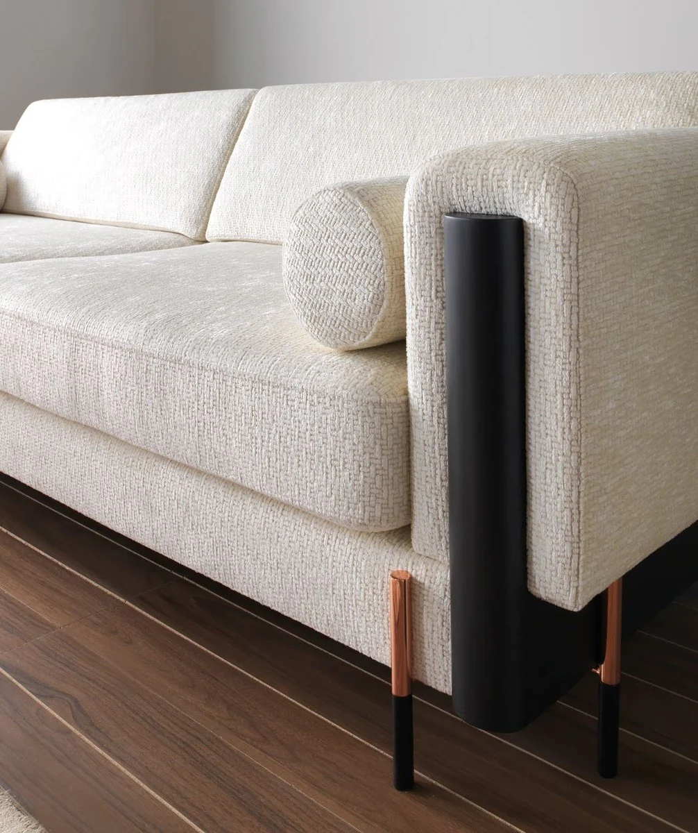 Luxus Sofa Cremeweiß / Matt Schwarz / Kupfer 220 x 107 x H. 78 cm - Wohnzimmer Sofa - Hotel Sofa - Wohnzimmer Möbel - Hotel Möbel - Luxus Möbel - Luxus Einrichtung