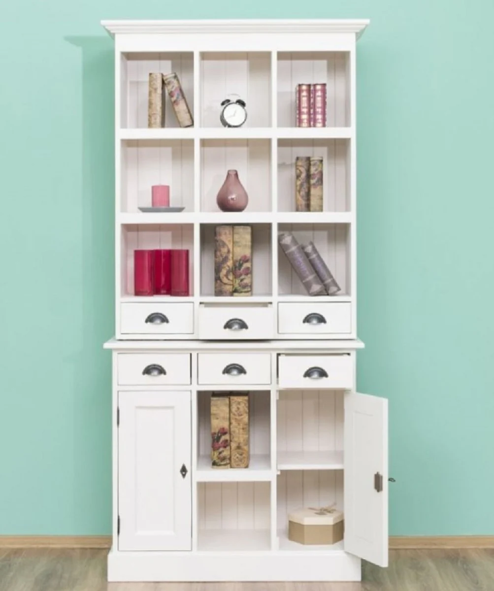 Landhausstil Schrank Weiß 97 x 40 x H. 210 cm - Massivholz Regalschrank mit 2 Türen und 6 Schubladen - Möbel im Landhausstil