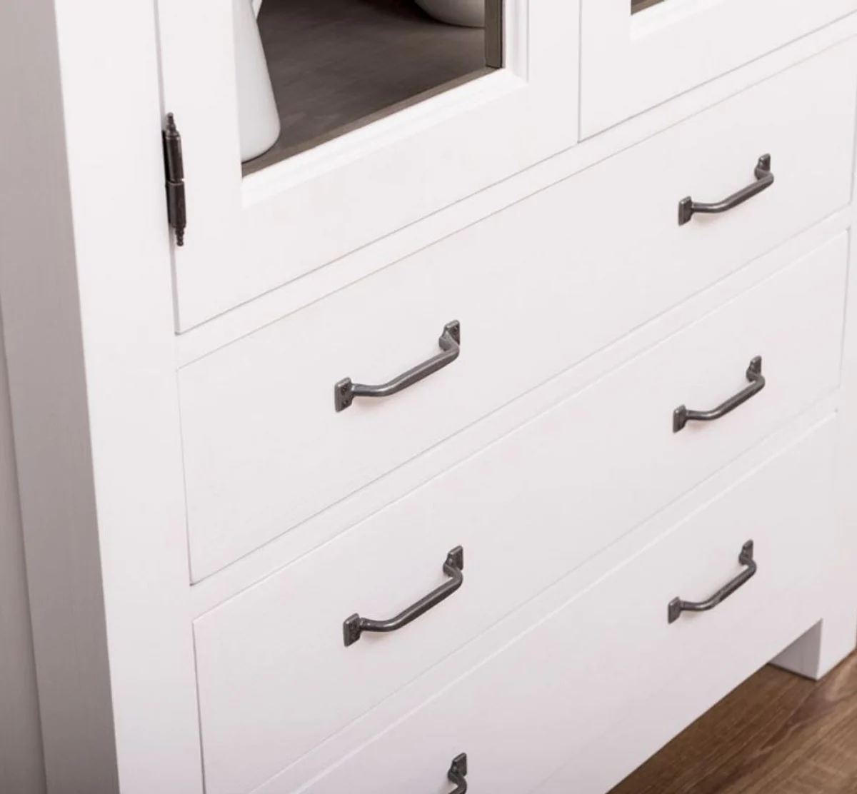 Landhausstil Küchenschrank Weiß / Grau 100 x 50 x H. 180 cm - Massivholz Vitrinenschrank mit 2 Glastüren und 3 Schubladen - Landhausstil Küchen Möbel