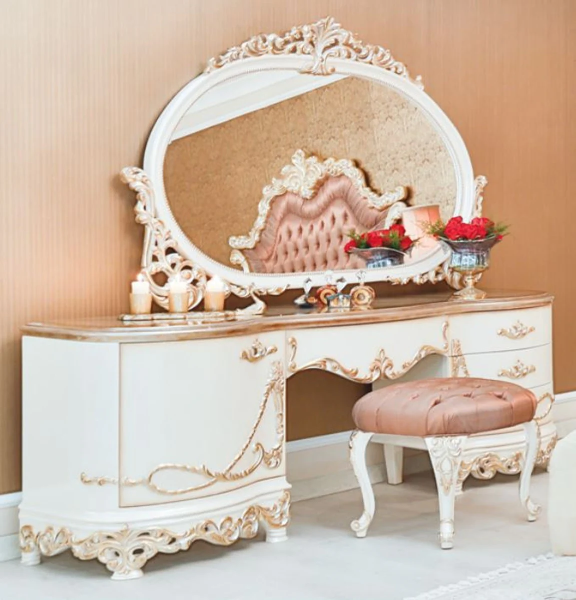 Luxus Barock Schlafzimmer Set Rosa / Weiß / Creme / Kupferfarben - 1 Schminkkommode & 1 Spiegel & 1 Hocker - Prunkvolle Schlafzimmer Möbel im Barockstil - Luxus Qualität