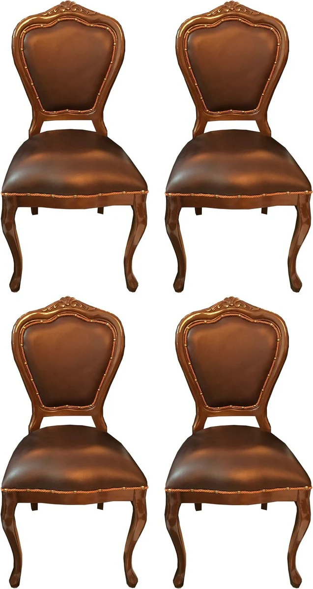 Luxus Barock Esszimmer Set Braun / Braun 45 x 47 x H. 99 cm - 4 handgefertigte Massivholz Esszimmerstühle mit Echtleder - Barock Esszimmermöbel