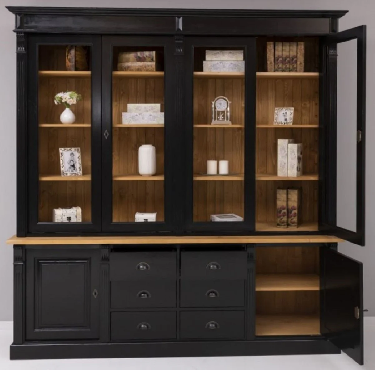 Landhausstil Massivholz Schrank Schwarz / Naturfarben 223 x 51 x H. 228 cm - Bücherschrank - Regalschrank - Landhausstil Massivholz Möbel