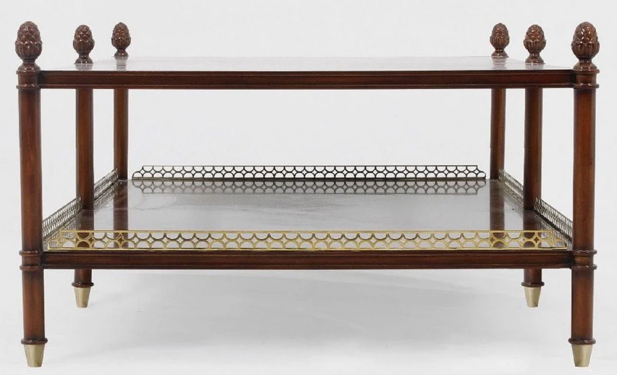 Luxus Jugendstil Couchtisch Braun / Gold / Messingfarben 129 x 81 x H. 48 cm - Edler Mahagoni Wohnzimmertisch - Wohnzimmer Möbel - Luxus Qualität