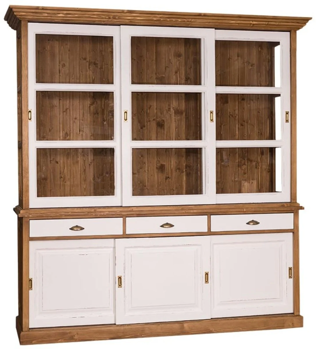 Landhausstil Küchenschrank Braun / Antik Weiß 206 x 53 x H. 219 cm - 2 Teiliger Küchenschrank mit 6 Schiebetüren und 3 Schubladen
