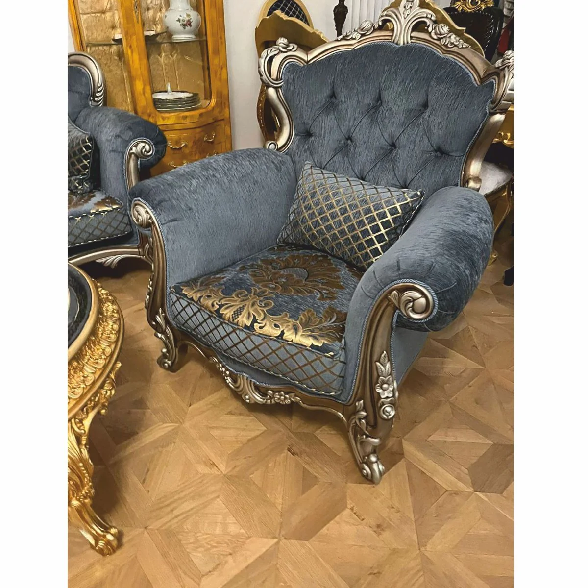 Luxus Barock Wohnzimmer Möbel Set Blau / Gold / Silber - Barockstil Möbel