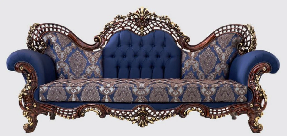 Luxus Barock Wohnzimmer Set Blau / Dunkelbraun / Gold - 2 Sofas & 2 Sessel & 1 Couchtisch - Handgefertigte Wohnzimmer Möbel im Barockstil - Edel & Prunkvoll
