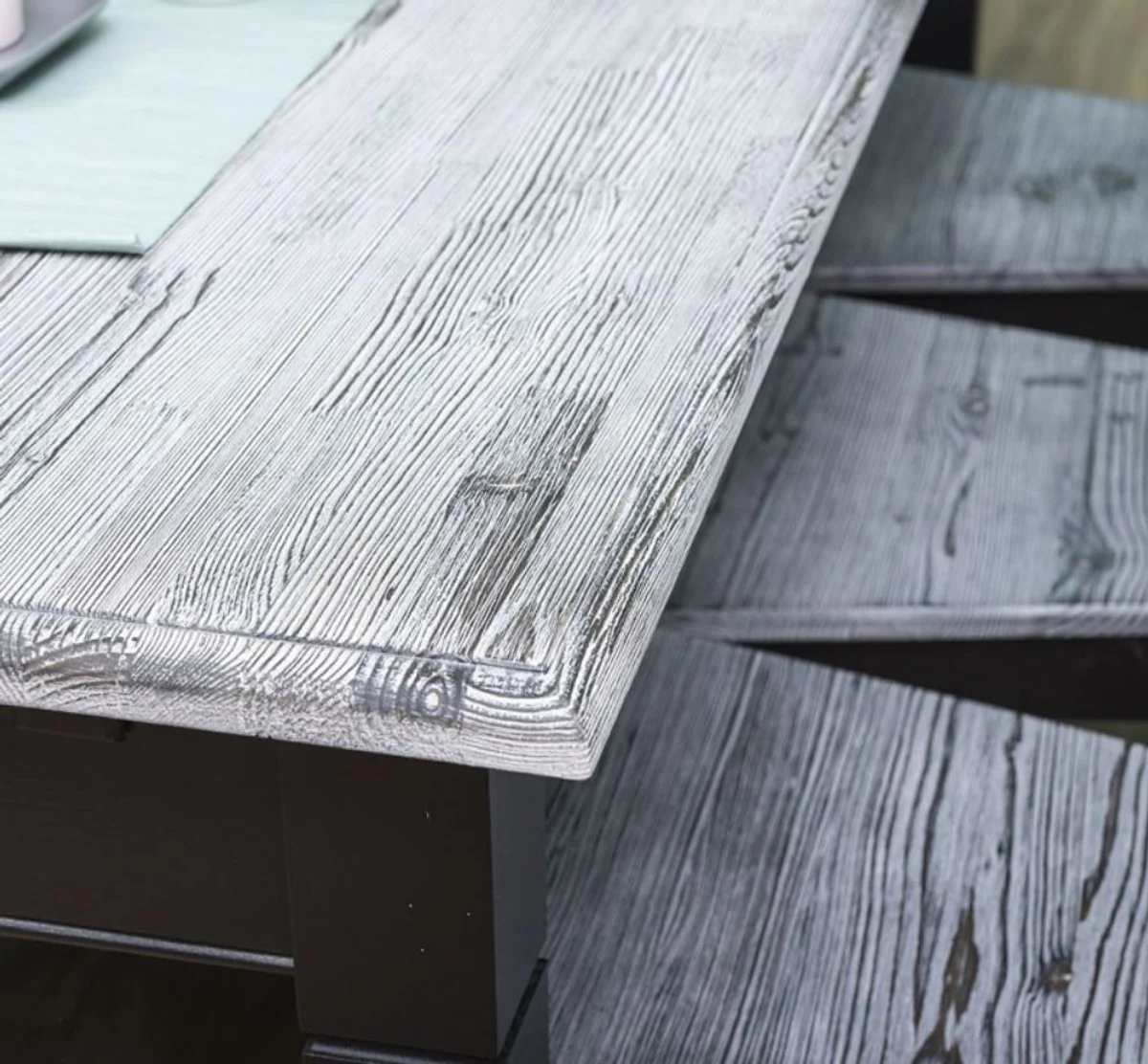 Landhausstil Esszimmer Möbel Set Antik Weiß / Schwarz - 1 Esstisch & 6 Esszimmerstühle - Massivholz Esszimmer Möbel - Landhausstil Möbel