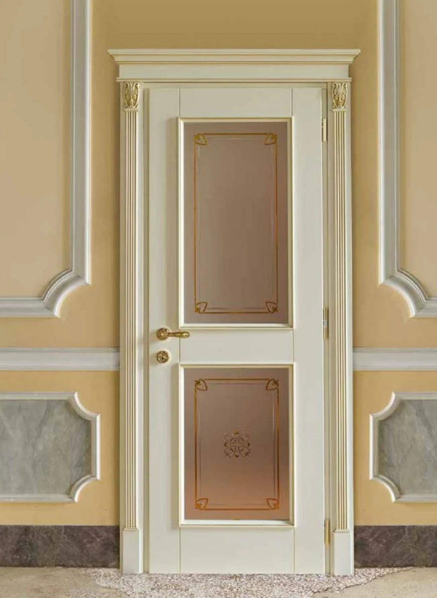 Luxus Barock Wohnungstür Creme / Gold - Prunkvolle Massivholz Tür mit Glasfenstern und Rahmen - Luxus Möbel im Barockstil - Hotel Möbel - Barock Möbel - Luxus Qualität - Made in Italy