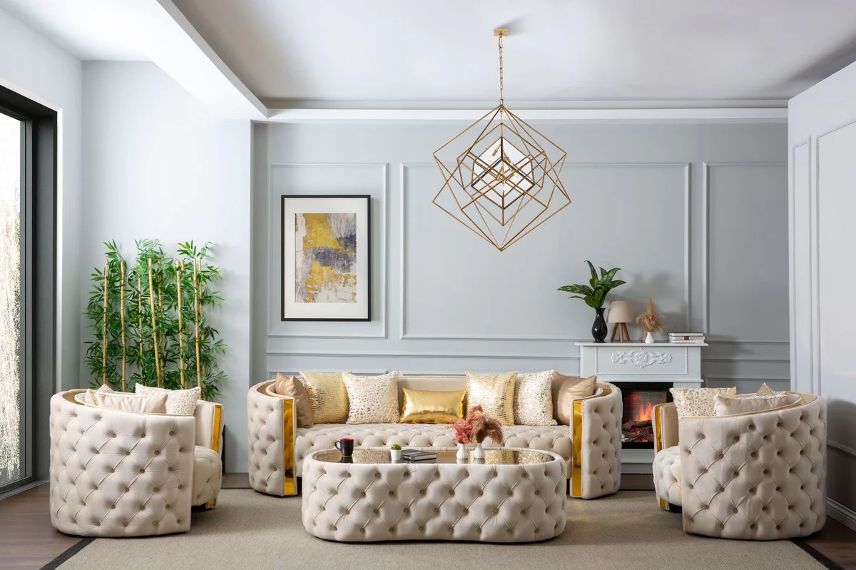 Luxus Chesterfield Couchtisch Creme 140 x 80 x H. 45 cm - Wohnzimmertisch mit Glasplatte - Wohnzimmer Möbel - Chesterfield Möbel - Luxus Möbel - Luxus Einrichtung