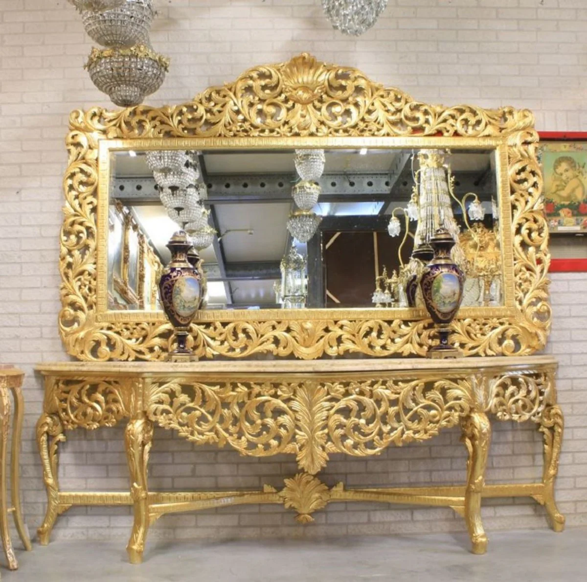 Barock Spiegel Gold 210 x H. 150 cm - Riesiger handgefertigter Antik Stil Wandspiegel - Prunkvolle Barock Möbel
