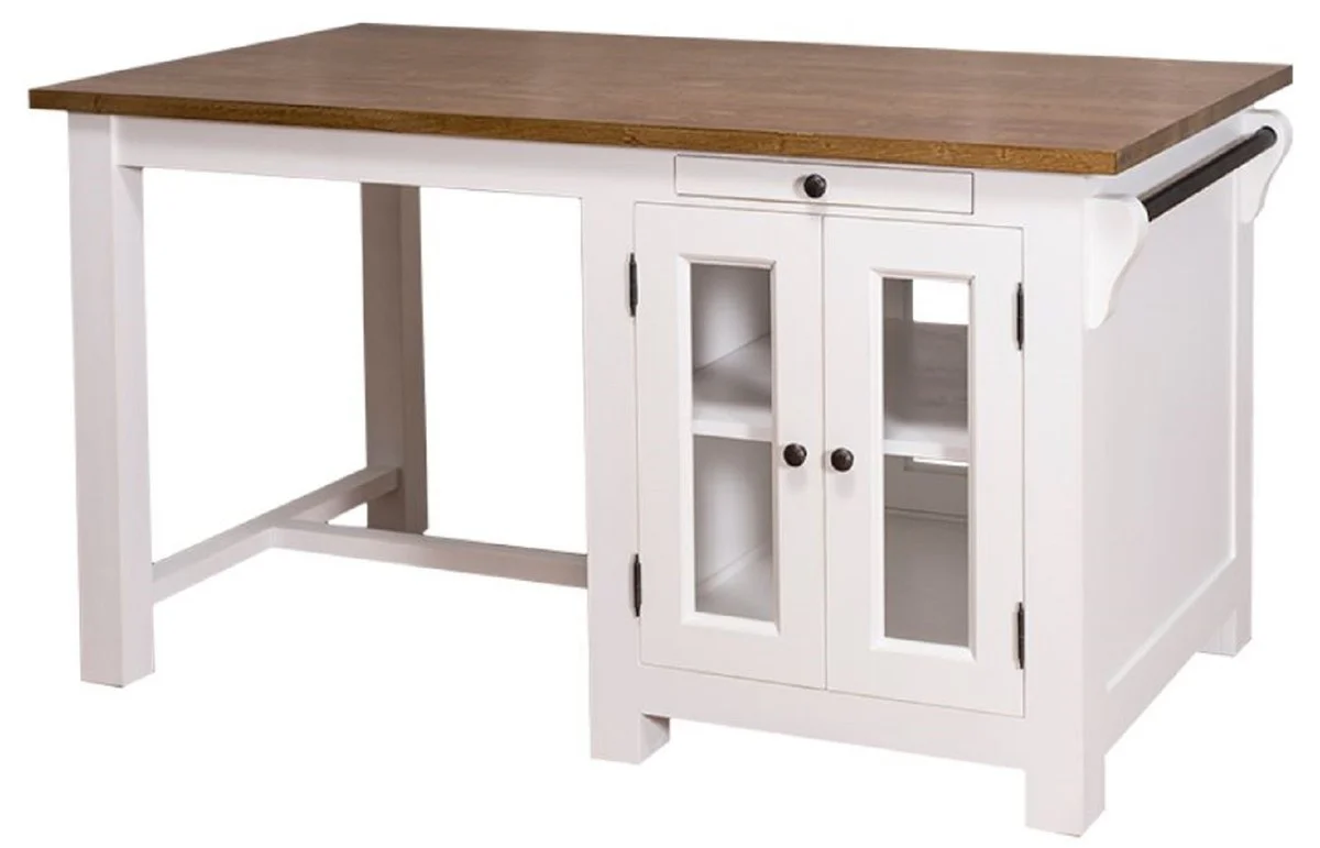 Landhausstil Kücheninsel mit 4 Glastüren und 2 Schubladen Weiß / Dunkelbraun 150 x 85 x H. 80 cm - Landhausstil Küchenmöbel