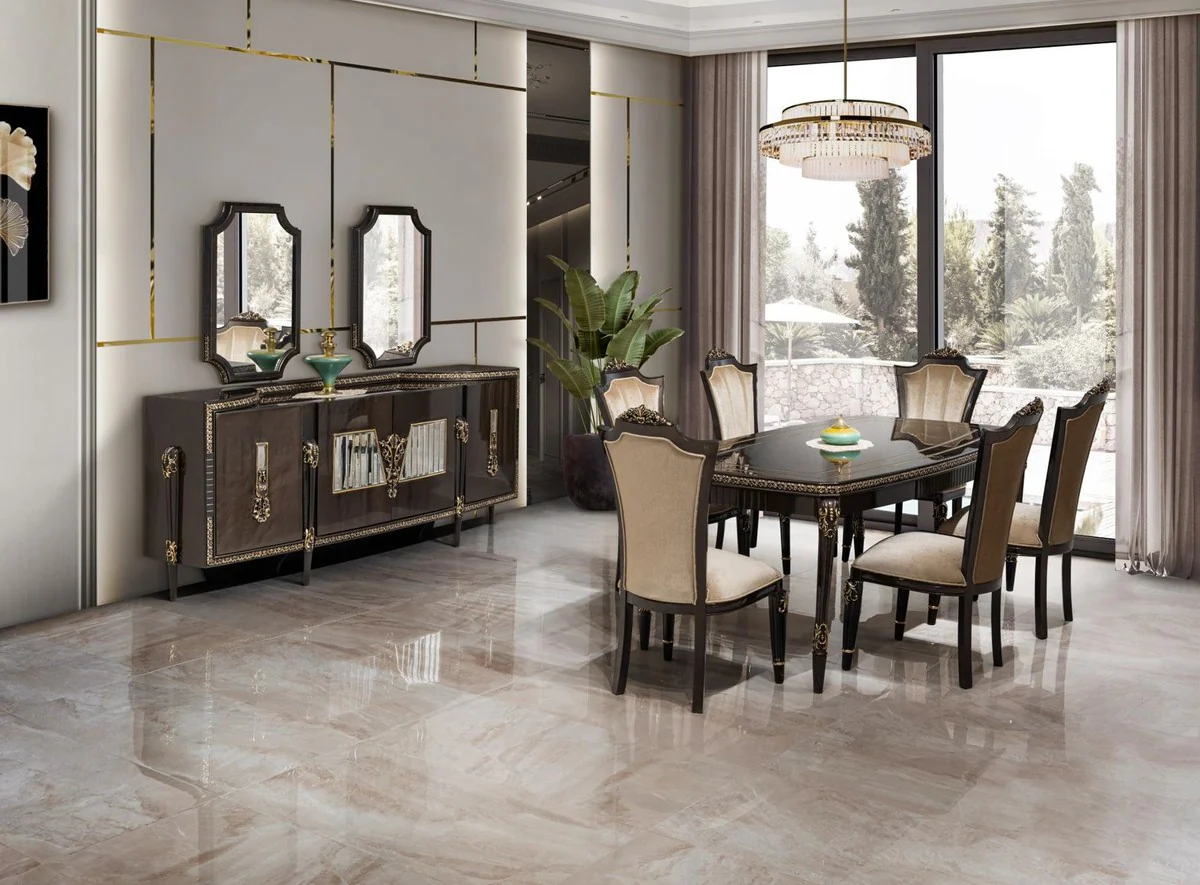 Luxus Barock Esszimmer Set Hellbraun / Dunkelbraun / Gold - 1 Esstisch & 6 Esszimmerstühle