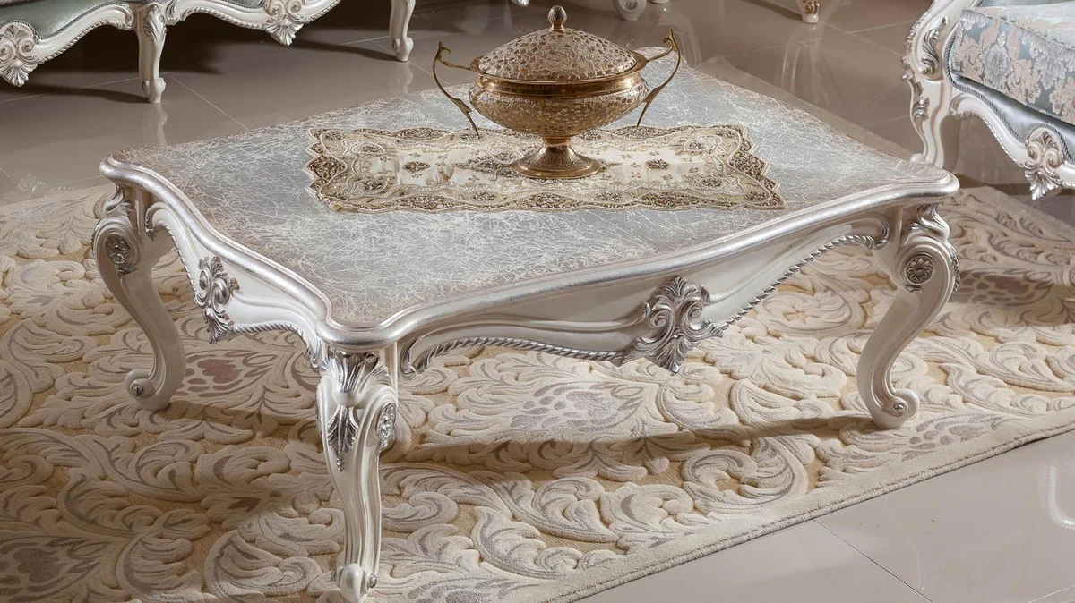 Luxus Barock Wohnzimmer Möbel Set Grün / Weiß / Silber