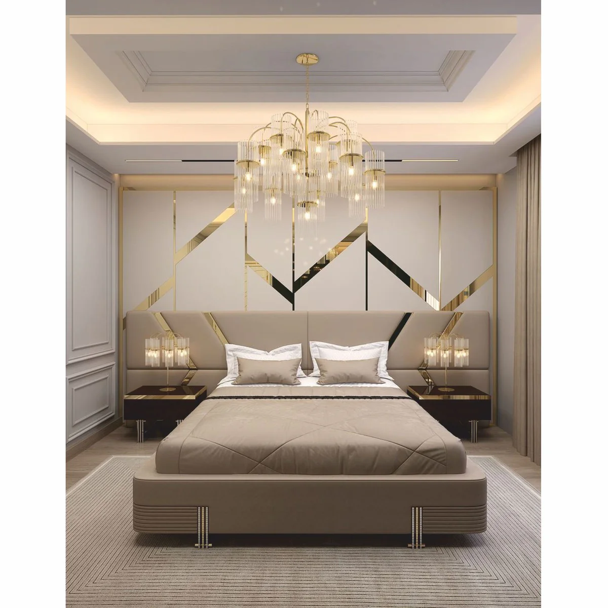 Luxus Doppelbett Beige / Gold / Silber - Hotel & Schlafzimmer Möbel