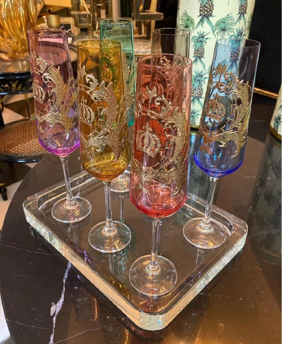 Pompöös by Luxus Champagnerglas Set Bunt Ø 6 x H. 25 cm - Champagnergläser mit 24 Karat Vergoldung - Pompööse Gläser designed by Harald Glööckler