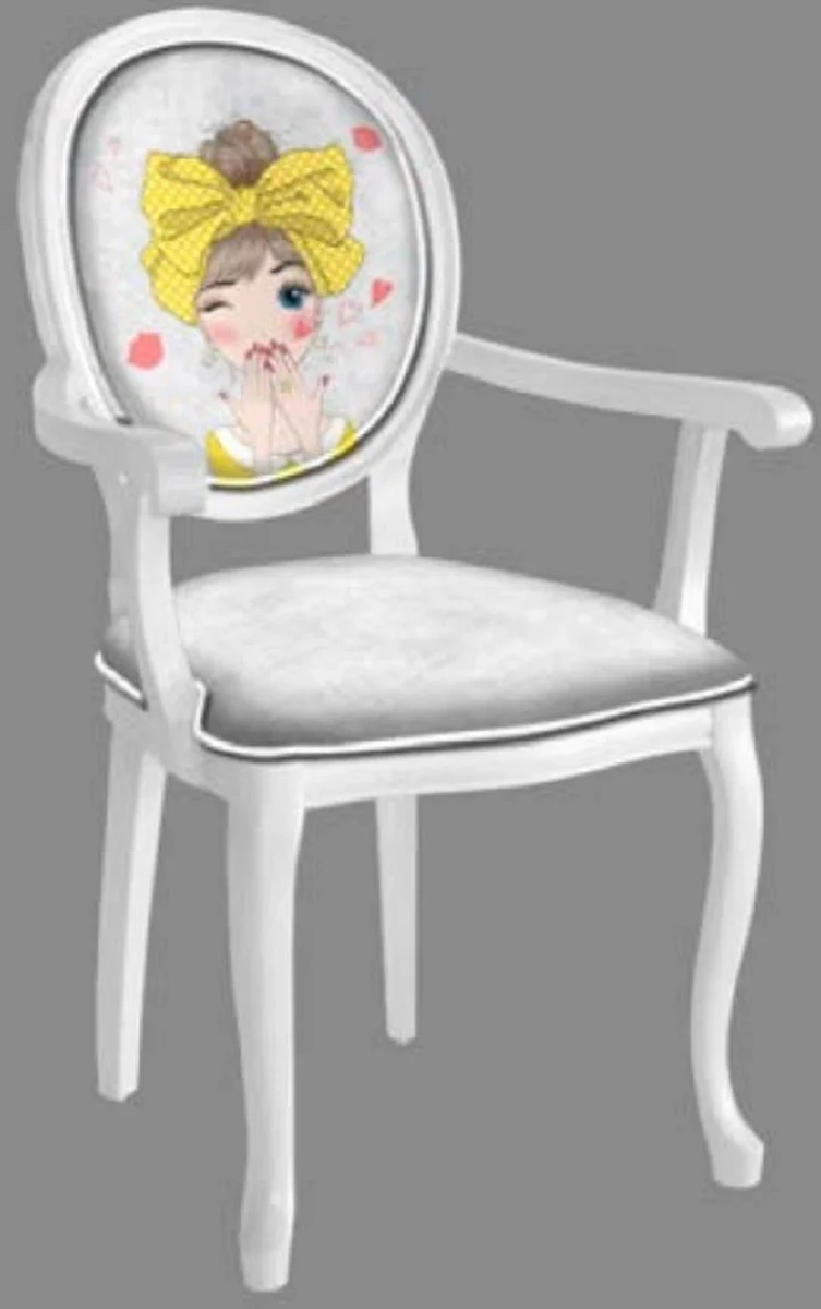 Barock Esszimmerstuhl Grau / Mehrfarbig / Weiß - Handgefertigter Antik Stil Stuhl mit Armlehnen - Esszimmer Möbel im Barockstil