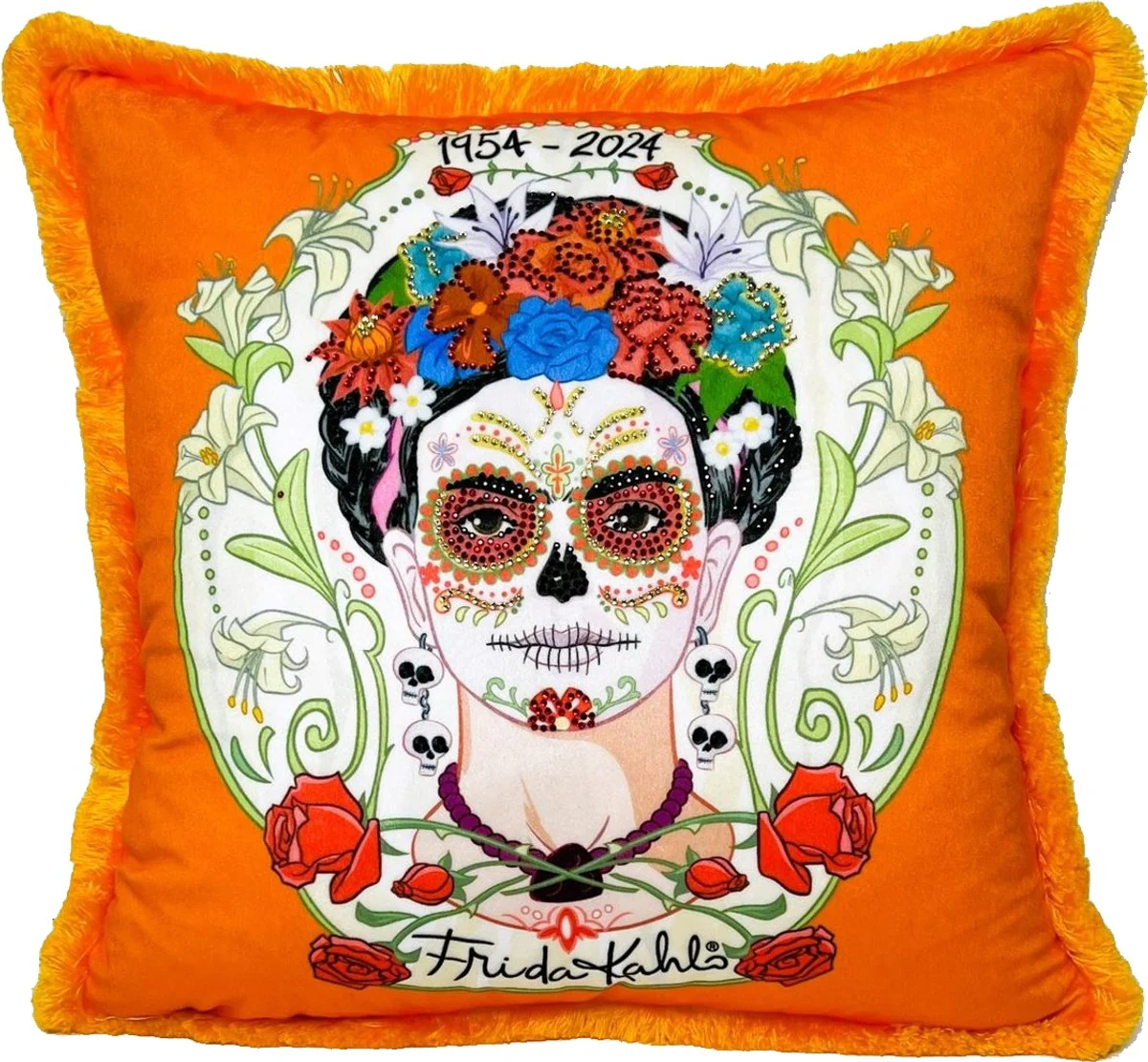 Frida Kahlo by Luxus Deko Kissen mit Strass Steinen Orange / Bunt