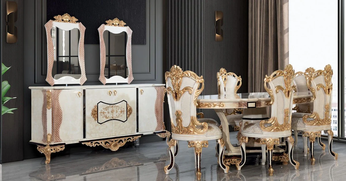 Luxus Barock Esszimmer Set Creme / Weiß / Gold - 1 Barock Esstisch & 6 Barock Esszimmerstühle - Barock Esszimmer Möbel - Luxus Möbel im Barockstil - Edel & Prunkvoll